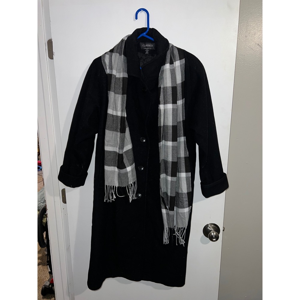 Classics S. Rothschild & Co Black 100% Wool Long Coat with Scarf Size 10